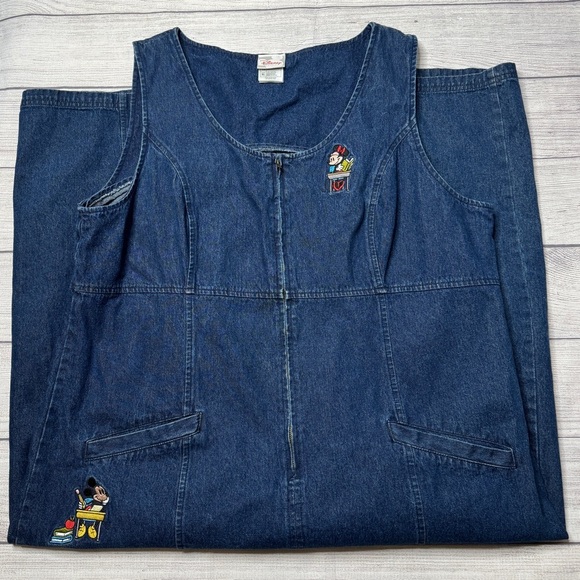 Disney‎ Vintage Long Denim Mickey Minnie Pluto Embroidered Dress Size XL